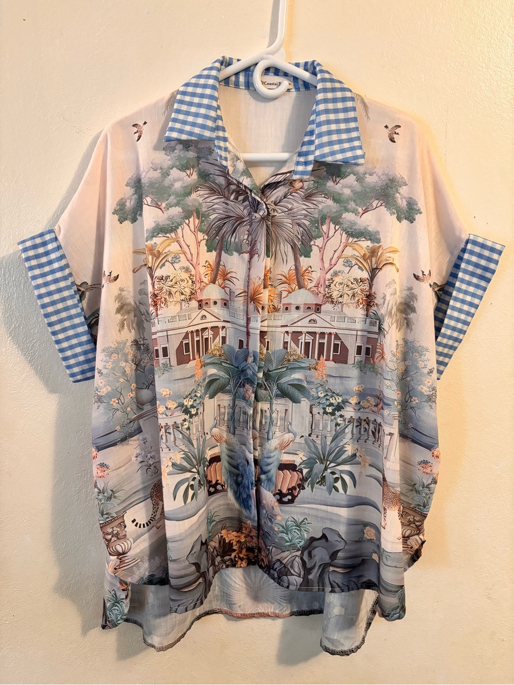 Resort-Style Button Front Shirt in Blue and Cream